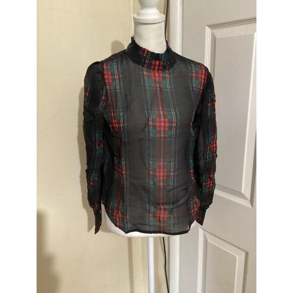 J. Crew Tops - J. Crew Ruffleneck Top in Stuart Tartan Chiffon Blouse XXS Plaid